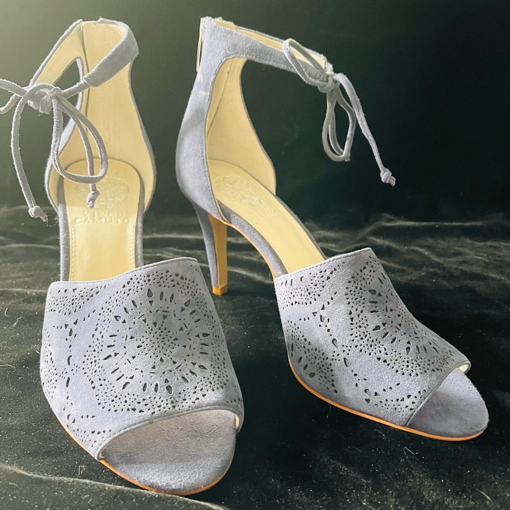 Vince Camuto Blue Suede heels. Leather ankle tie and zippered back. 3.5” heels.